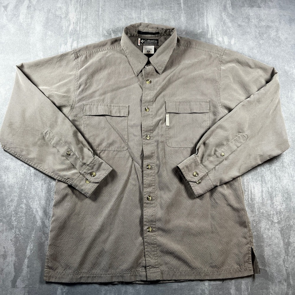 Columbia Sportswear XCO Mens Medium Brown Micro Check Button Down Shirt Outdoors